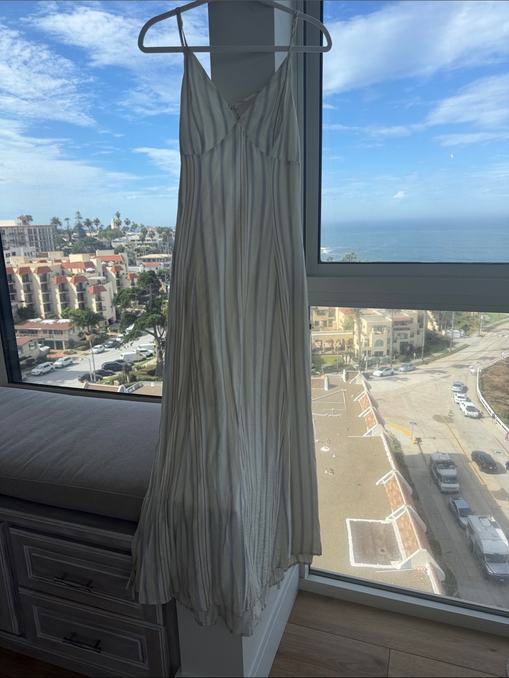 Light Cream Striped Maxi Slip Dress with Spaghetti Straps